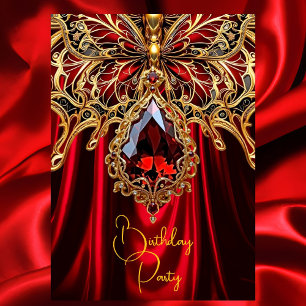 Invitación Cumpleaños Exótico Rico rojo Oro Joya Mariposa