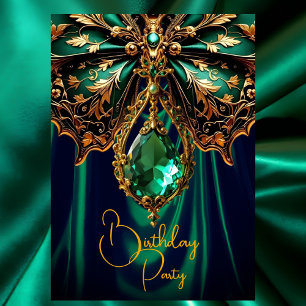 Invitación Cumpleaños Exótico Rico Verde Dorado Mariposa Joya