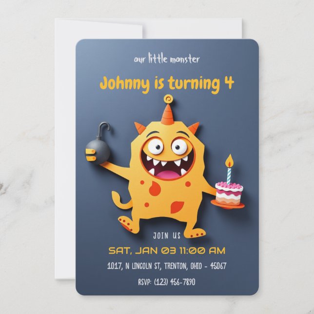 Invitación Cumpleaños explosivo - Monster Mayhem Dark BG (Anverso)