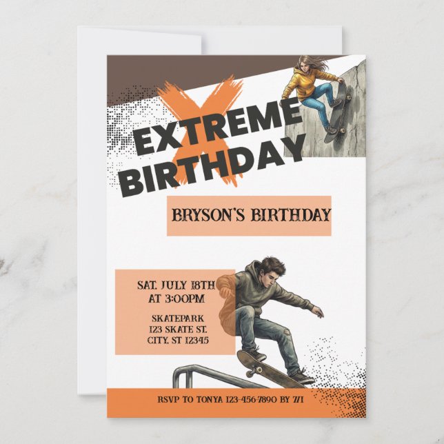 Invitación Cumpleaños extremo de monopatín (Anverso)