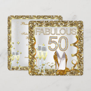 Invitación Cumpleaños Fabuloso 50 Brillo Blanco Dorado Fiesta