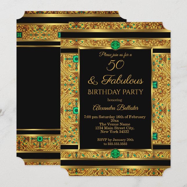 Invitación Cumpleaños fabuloso 50 Esmeralda Verde Joya Oro (Anverso / Reverso)