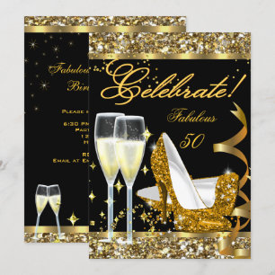 Invitación Cumpleaños Fabuloso 50 Fiesta Dorado Negro