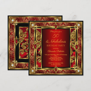 Invitación Cumpleaños Fabuloso 50 Rojo Rubí Damasco Oro Diama