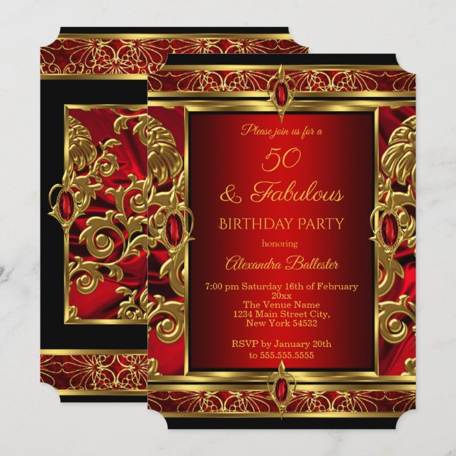 Invitación Cumpleaños Fabuloso 50 Rojo Rubí Joya Damasco Dora (Anverso / Reverso)