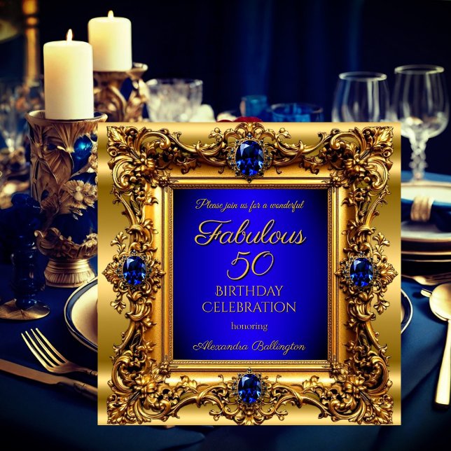 Invitación Cumpleaños fabuloso 50 Royal Blue Gold Gem (Subido por el creador)