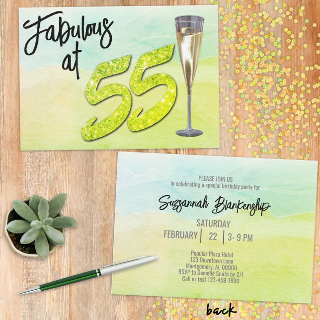 Invitación Cumpleaños fabuloso 55 Pastel verde Acuarela  (This eye-catching green faux glittery birthday invitation is ready for your personalization.)