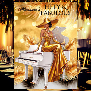 Invitación Cumpleaños fabuloso champán dorado piano blanco