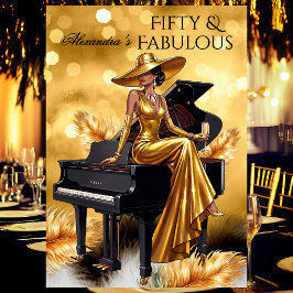 Invitación Cumpleaños fabuloso champán dorado piano negro