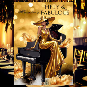 Invitación Cumpleaños fabuloso champán dorado piano negro