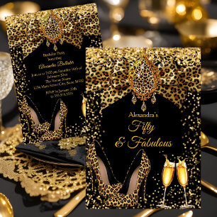 Invitación Cumpleaños fabuloso champán Leopardo Tacón Dorado 