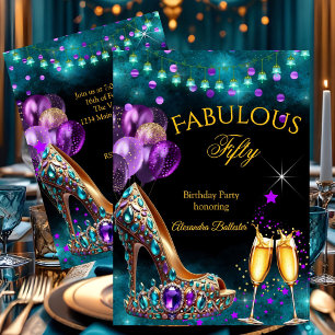 Invitación Cumpleaños fabuloso Champán Morado Turquesa Tacón
