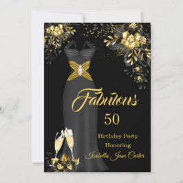 Invitación Cumpleaños Fabuloso Champán Oro Negro Floral