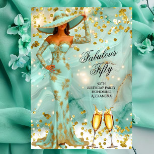 Invitación Cumpleaños Fabuloso Champán para Mujer Teal Blanco