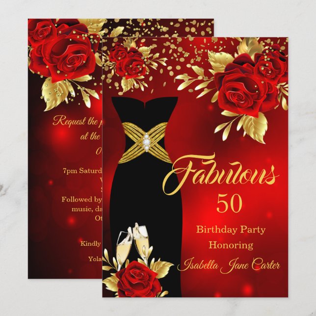 Invitación Cumpleaños fabuloso champán rosa oro rojo (Anverso / Reverso)