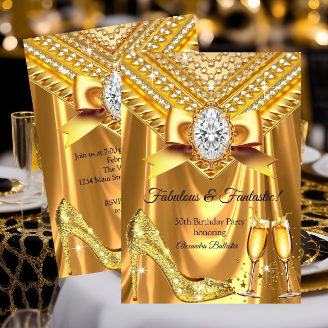 Invitación Cumpleaños fabuloso champán tacón de oro diamantes (Subido por el creador)