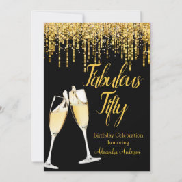 Invitación Cumpleaños Fabuloso Cincuenta Brillo Champagne Dor