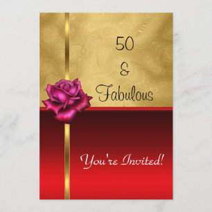 Invitación Cumpleaños fabuloso de 50 años Flor roja dorada