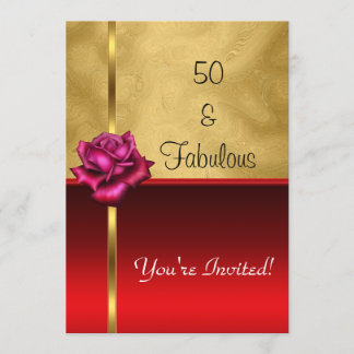 Invitación Cumpleaños fabuloso de 50 años Flor roja dorada