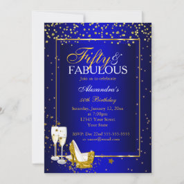 Invitación Cumpleaños fabuloso de 50 champán azul dorado fies