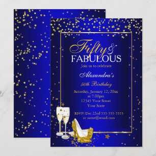 Invitación Cumpleaños fabuloso de 50 champán azul dorado fies