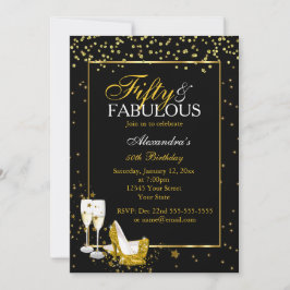 Invitación Cumpleaños fabuloso de 50 champán negro dorado fie