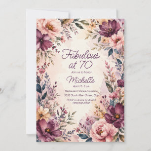 Invitación Cumpleaños fabuloso de 70 años en rosa Borgoña flo