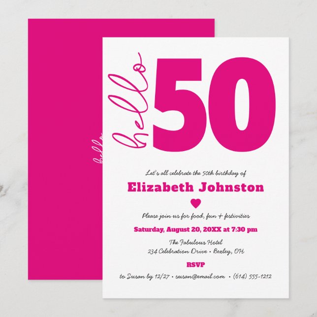 Invitación Cumpleaños fabuloso de negro blanco rosa caliente  (Anverso / Reverso)