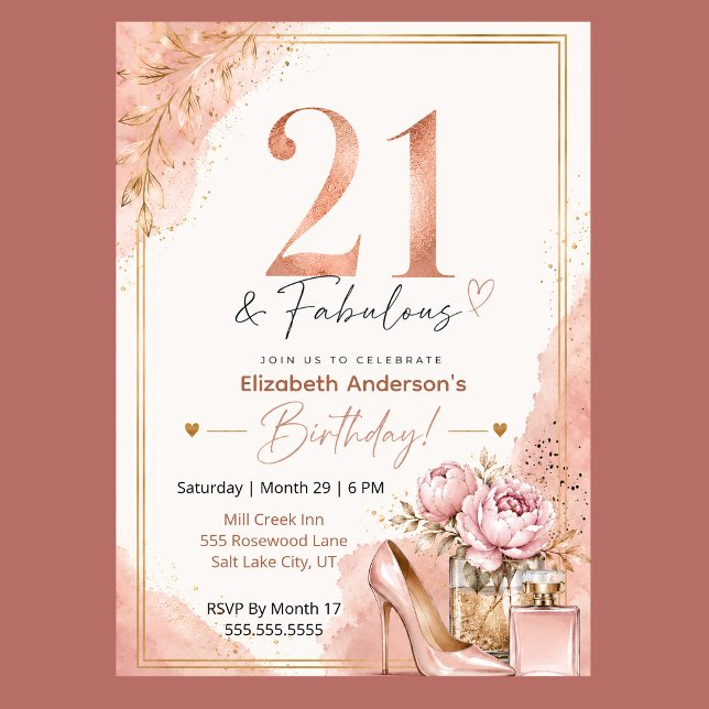 Invitación Cumpleaños fabuloso de Peonía y Perfume 21 (Elegant 21st birthday invitation with blush pink watercolor, rose gold glitter, and peony flowers,)