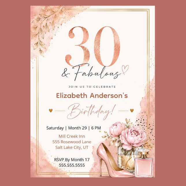 Invitación Cumpleaños fabuloso de peonía y perfume 30 (Elegant 30th birthday invitation with blush pink watercolor, rose gold glitter, and peony flowers,)