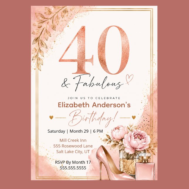 Invitación Cumpleaños fabuloso de peonía y perfume 40 (Elegant 40th birthday invitation with blush pink watercolor, rose gold glitter, and peony flowers,)