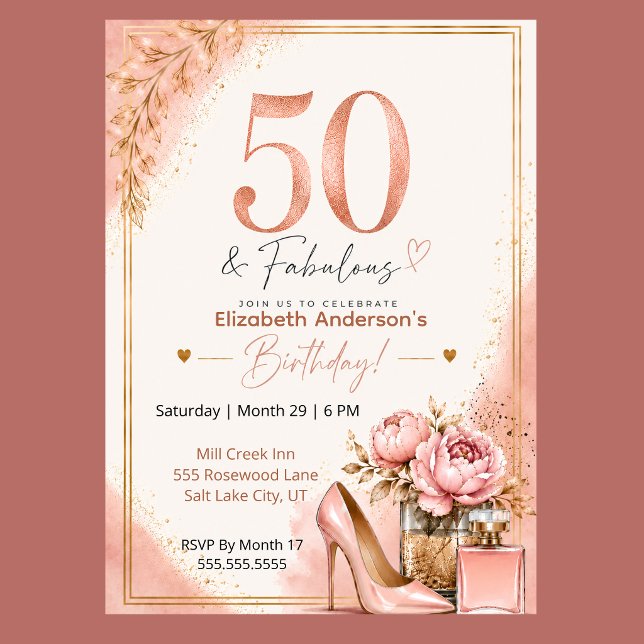 Invitación Cumpleaños fabuloso de peonía y perfume 50 (Elegant 50th birthday invitation with blush pink watercolor, rose gold glitter, and peony flowers,)