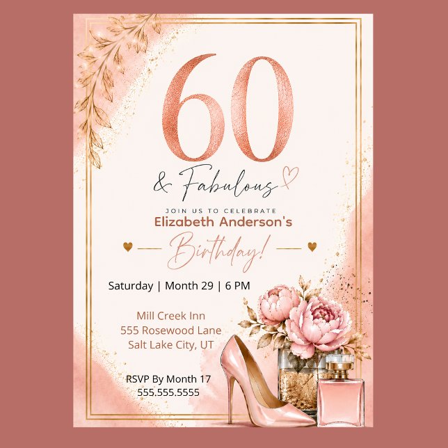 Invitación Cumpleaños fabuloso de peonía y perfume 60 (Elegant 60th birthday invitation with blush pink watercolor, rose gold glitter, and peony flowers,)