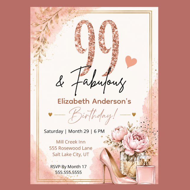 Invitación Cumpleaños fabuloso de peonía y perfume 99 (Blush pink rose gold 99 and Fabulous floral birthday invitation with feminine glam style
)