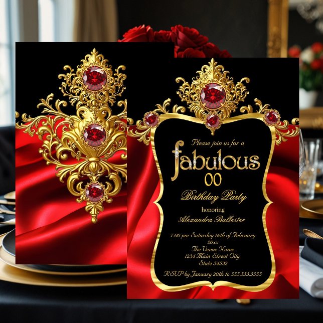 Invitación Cumpleaños fabuloso elegante rojo seda oro gemas (Subido por el creador)
