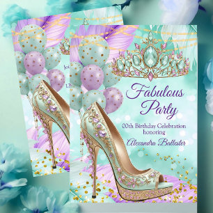 Invitación Cumpleaños fabuloso Lilac Teal Tiara Tacón Dorado