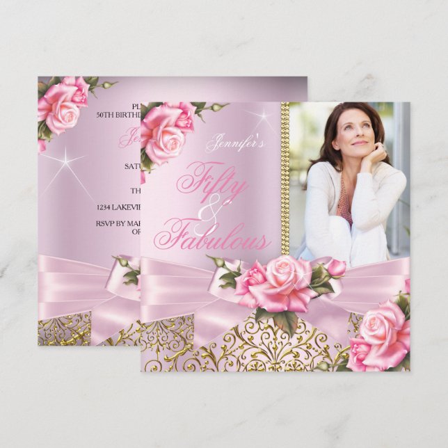 Invitación Cumpleaños Fabuloso Rosa 50 Arco de Rosas Fiesta d (Anverso / Reverso)