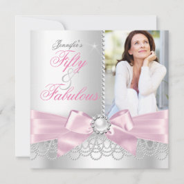 Invitación Cumpleaños Fabuloso Rosa 50 Lazo Blanco Perlas Fot