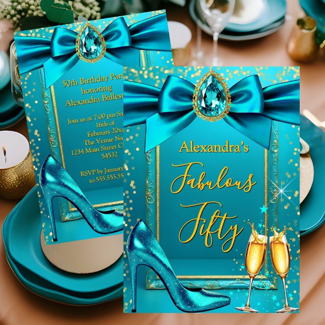Invitación Cumpleaños Fabuloso Tacón Azul Teal Champagne Oro (Subido por el creador)