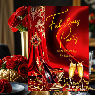 Invitación Cumpleaños fabuloso tacones rojos dorados champán