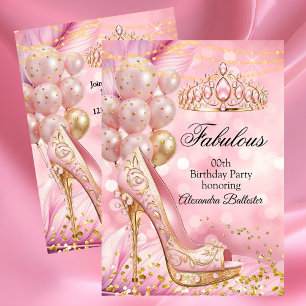Invitación Cumpleaños fabuloso Tocado Rosa Dorado Tacón