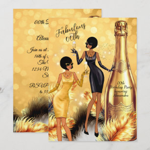 Invitación Cumpleaños fabuloso vestidos negros de oro champán
