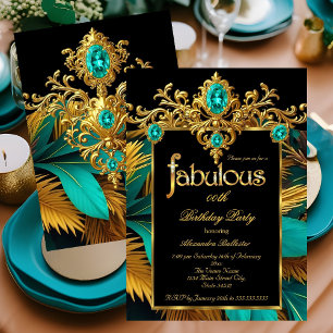 Invitación Cumpleaños Fabuoso Turquesa Azul Oro Gemas Plumas