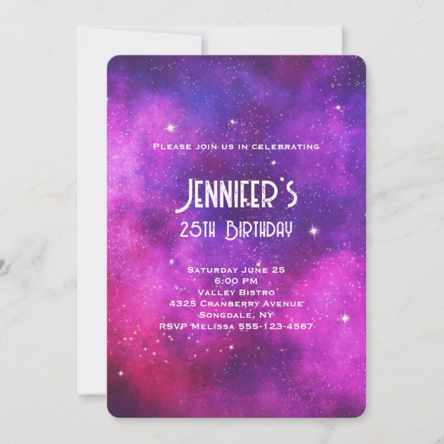 Invitación Cumpleaños Falso Galaxy Espacio y Estrellas Rosa y (Anverso)