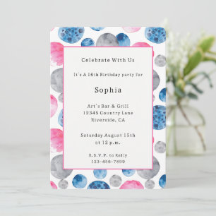 Invitación Cumpleaños Fantasía Rosa Azul Gris Puntos