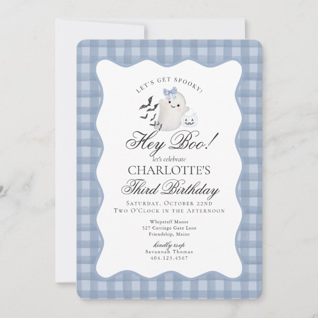 Invitación Cumpleaños Fantasma Preppy de Gingham Azul Hey Boo (Anverso)