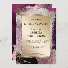 Invitación Cumpleaños | Faux Metallic Gold Plum Merlot Stroke