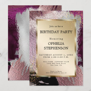 Invitación Cumpleaños Faux Metallic Gold Plum Merlot Stroke