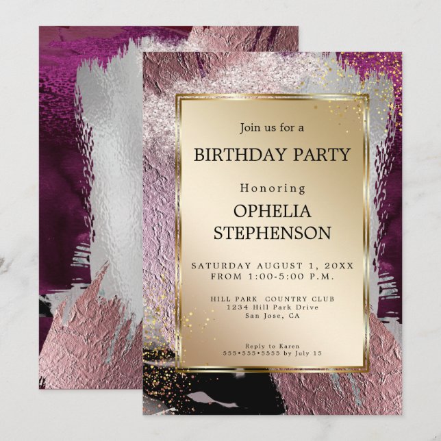 Invitación Cumpleaños | Faux Metallic Gold Plum Merlot Stroke (Anverso / Reverso)