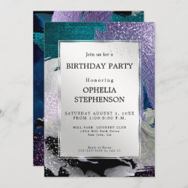 Invitación Cumpleaños | Faux Metallic Silver Lilac Aqua